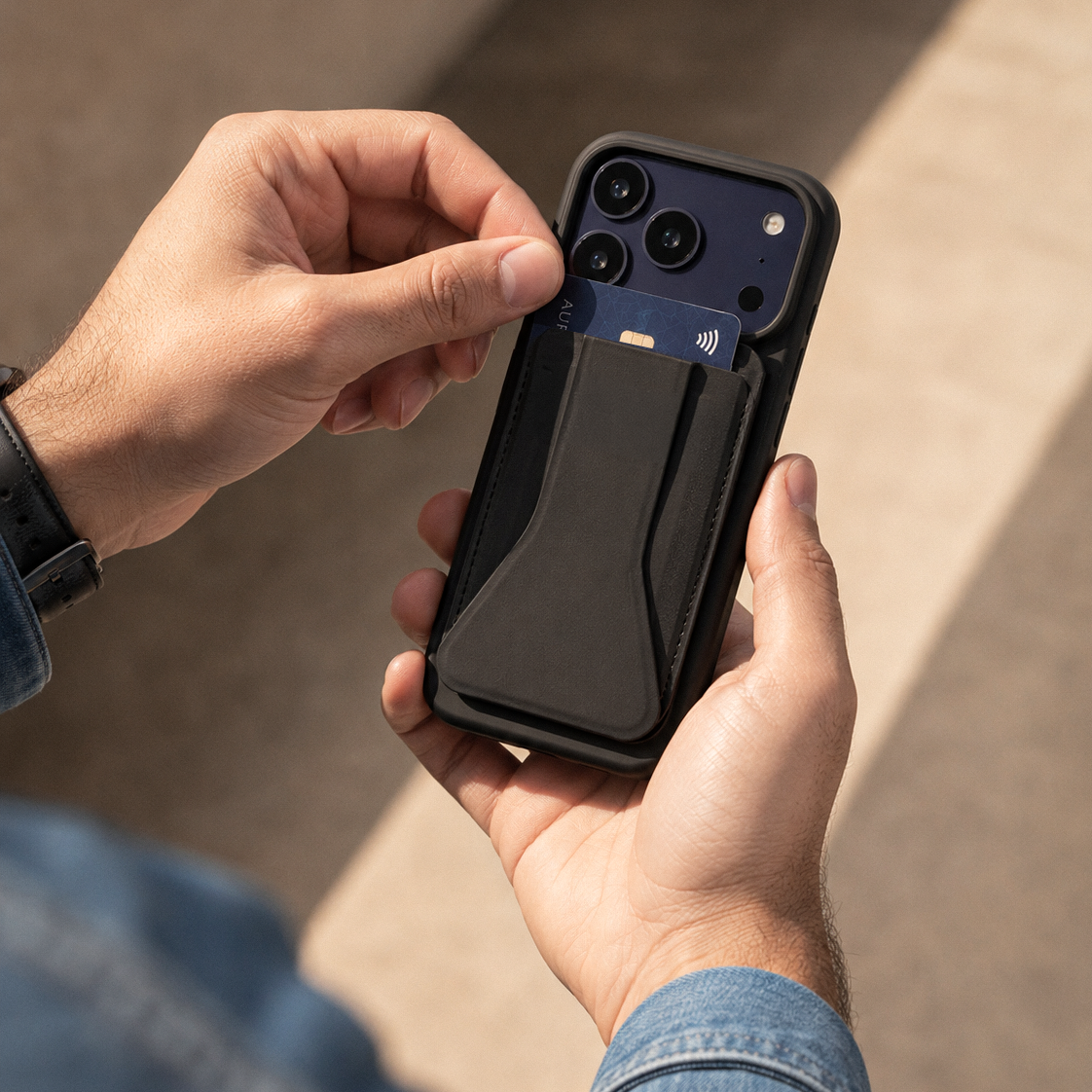 Hand attaching the black Peel Magnetic Wallet Stand to the back of an iPhone in a navy case