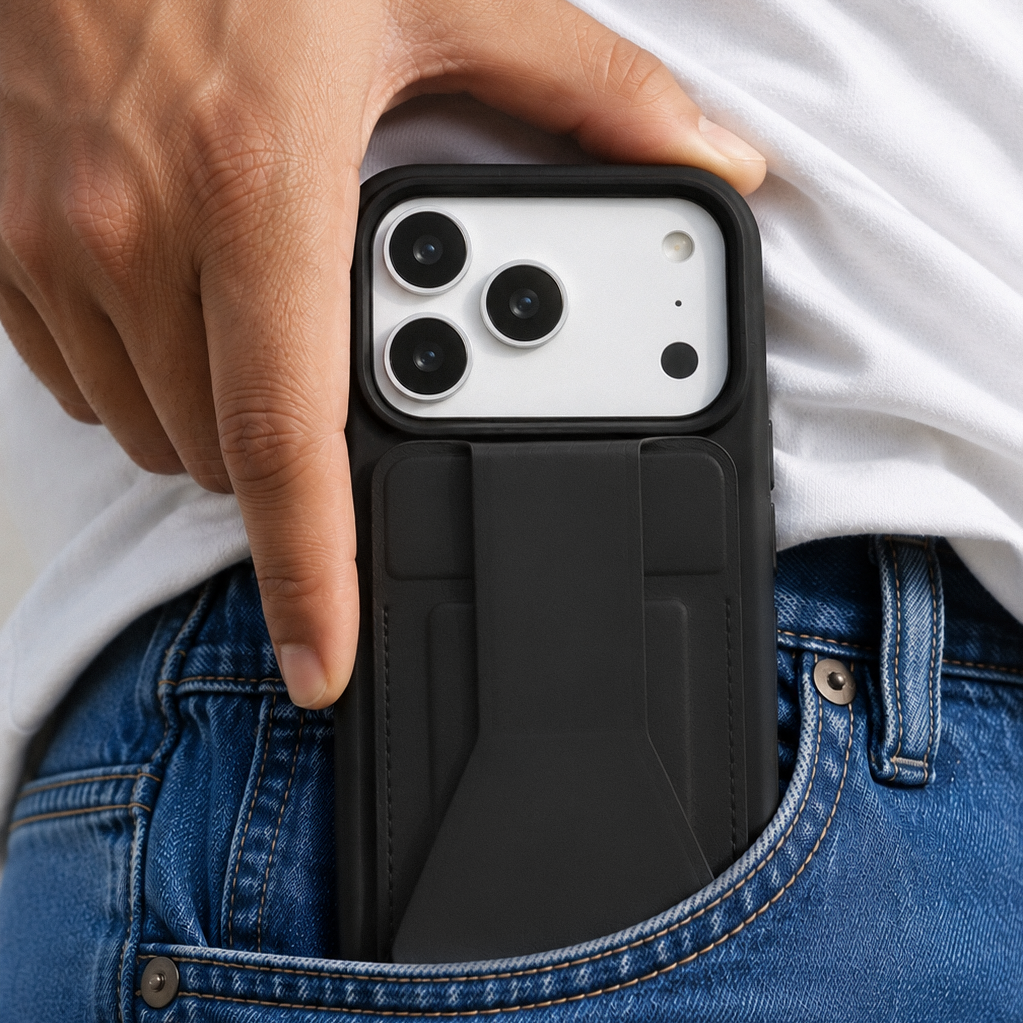 Person sliding an iPhone with the Peel Magnetic Wallet Stand attached into a jeans pocket