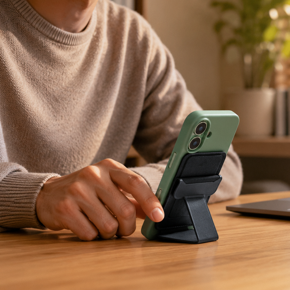 Peel Magnetic Wallet Stand propping a green-cased iPhone upright on a wooden desk