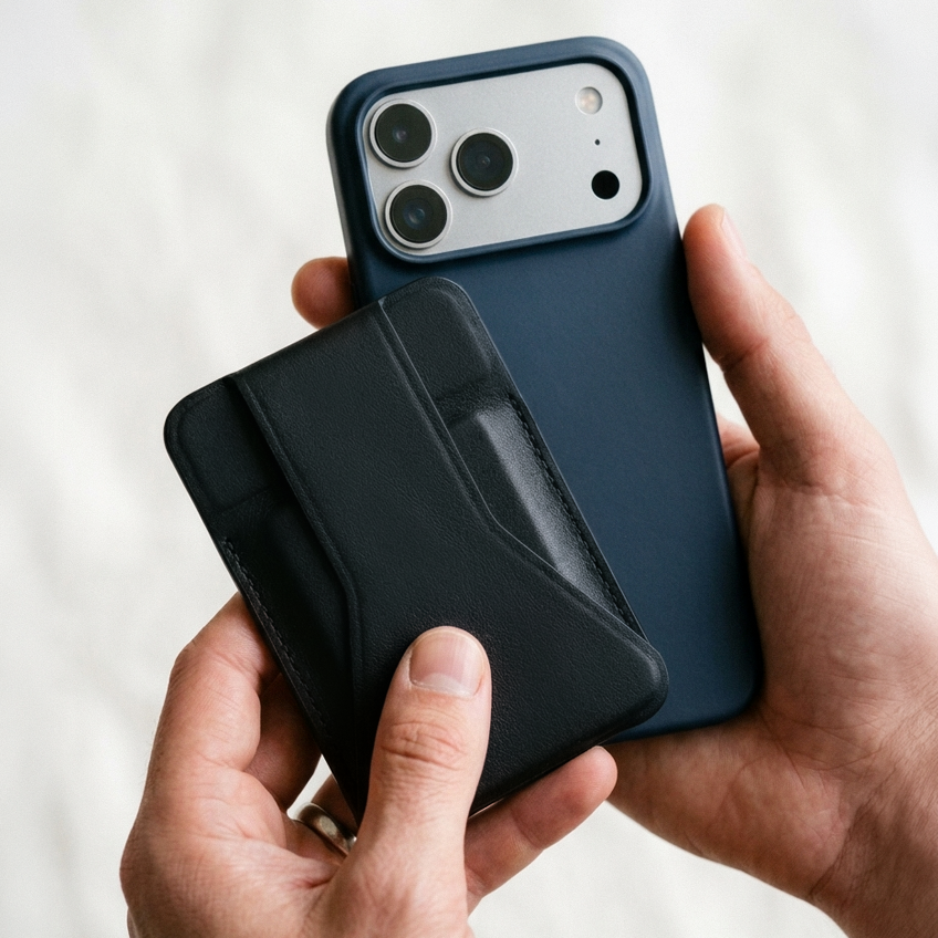 Hand holding an iPhone with the Peel Magnetic Wallet Stand attached, showing the card slot
