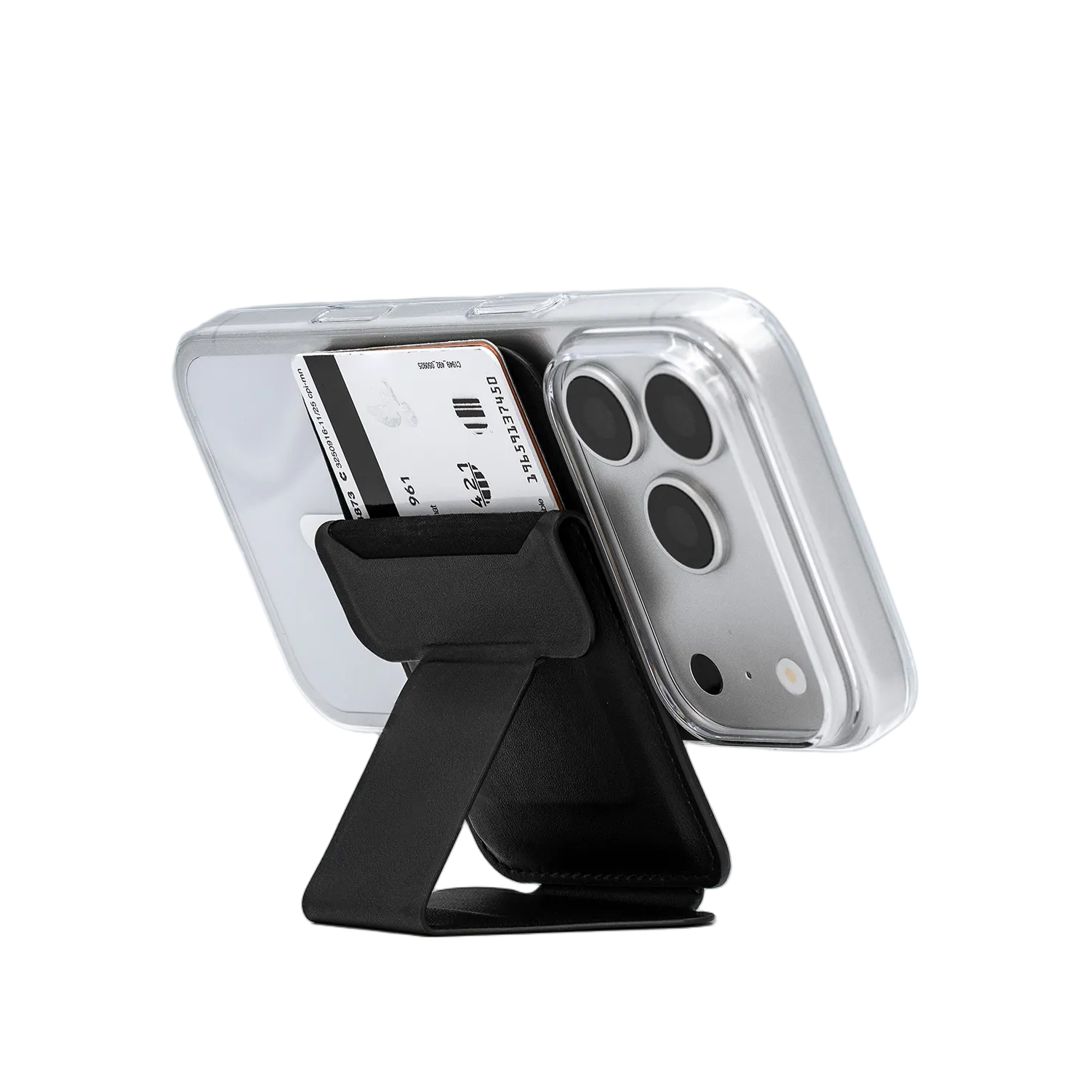 Peel Magnetic Wallet Stand in black holding a card and propping up a clear iPhone case
