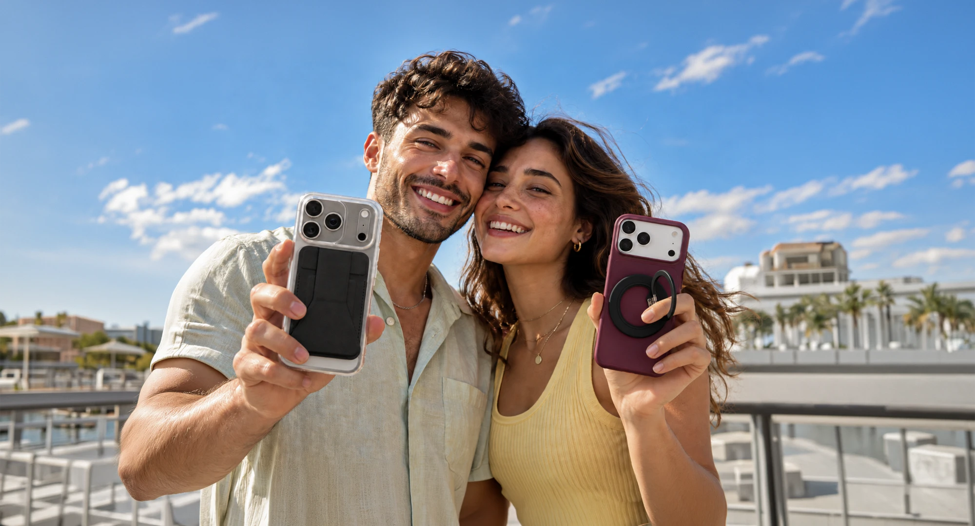 Two friends holding up their phones in Peel cases with a MagSafe wallet and ring grip